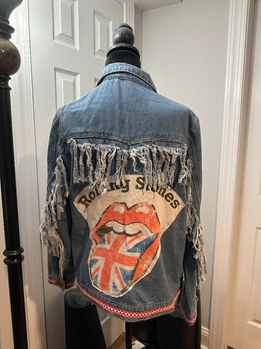 Rolling Stones England Blue Denim Jean Jacket with Fringe and Rhinestones (M)
